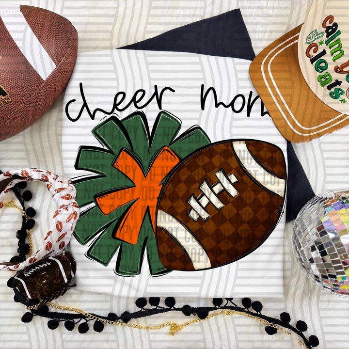 Cheer Mom DTF transfer in Hunter Green & Orange
