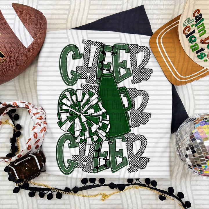 Hunter Green Tri Stacked Cheer DTF transfer on a white tee