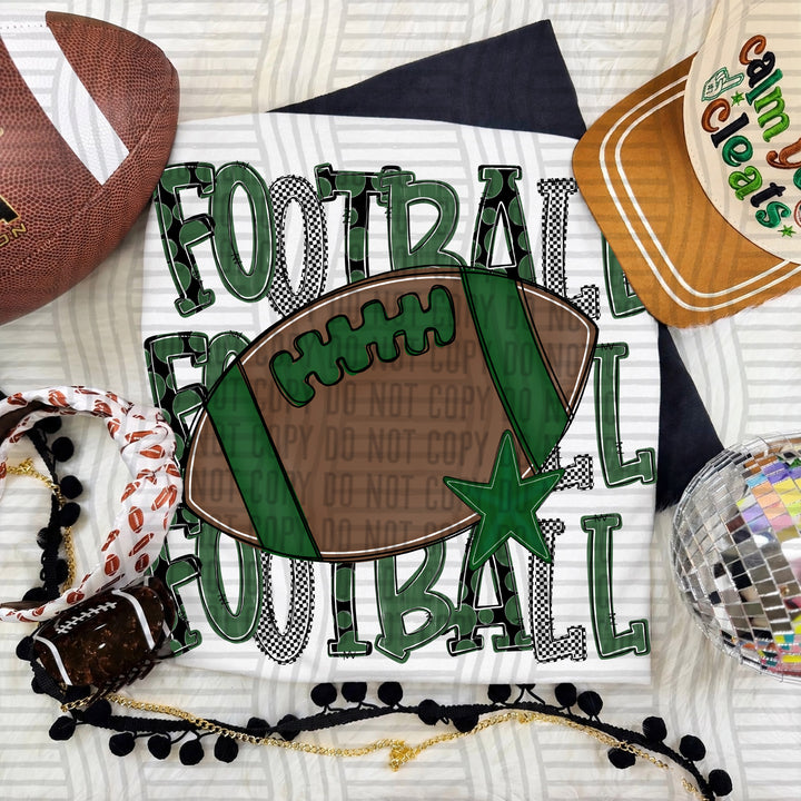 Hunter Green Tri Stacked Football DTF transfer on a white tee