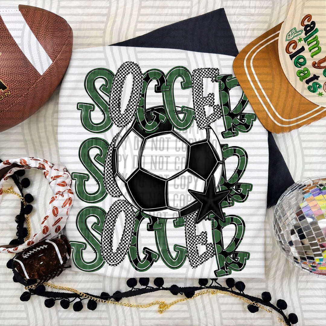 Hunter Green Tri Stacked Soccer DTF transfer on a white tee