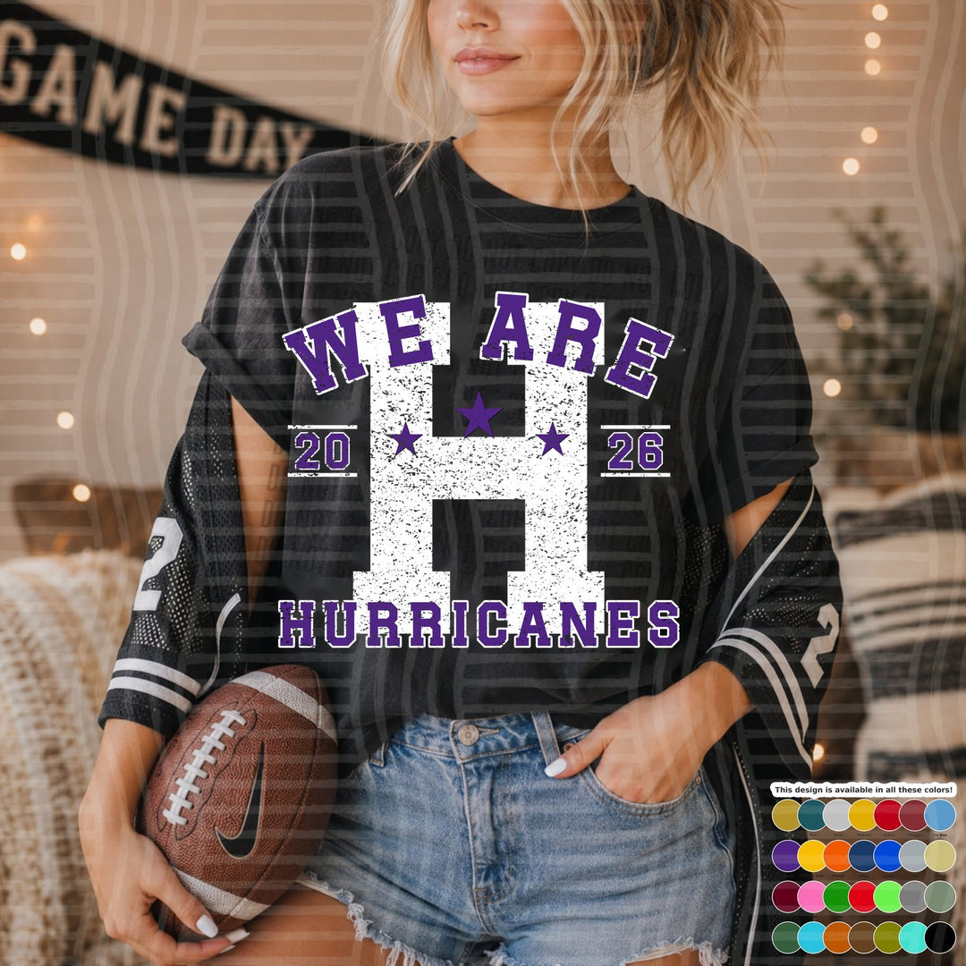 Hurricanes Purple Varsity Initials White Outline DTF transfer mockup