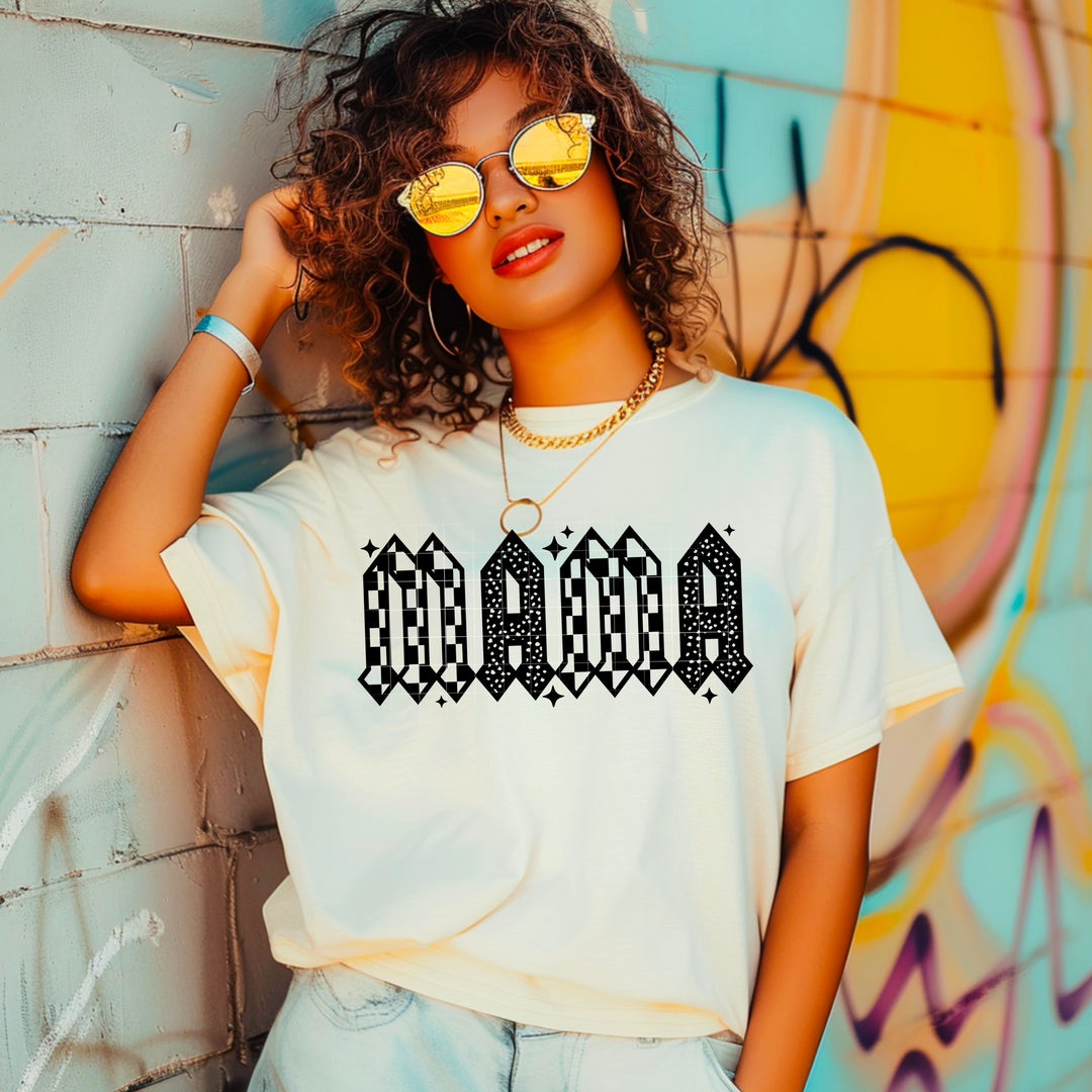 Mama Checker and Stars Single Color Black DTF transfer design – image 1