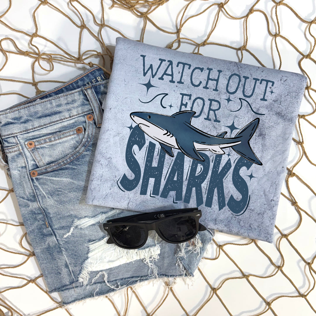 WATCH OUT FOR SHARKS WHITE AND BLUE