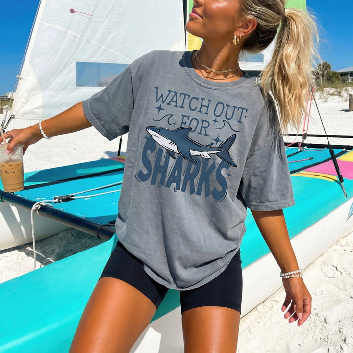 WATCH OUT FOR SHARKS WHITE AND BLUE