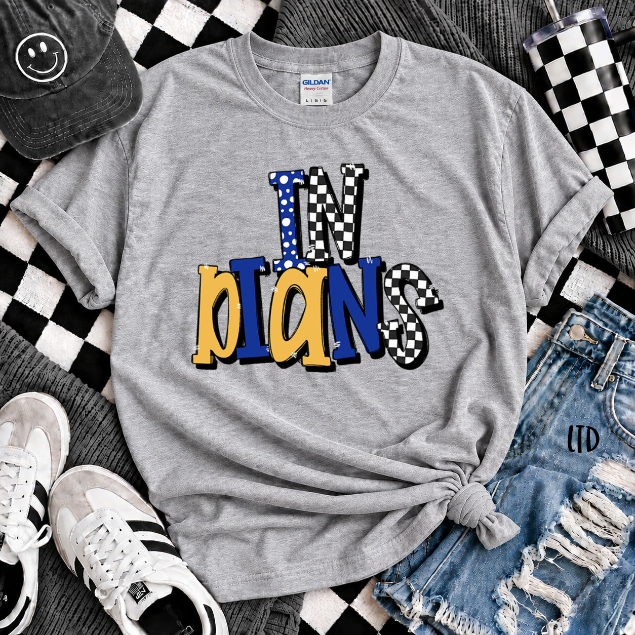 Dot Dot Check Mix Mascots Indians Royal Blue Yellow Gold design