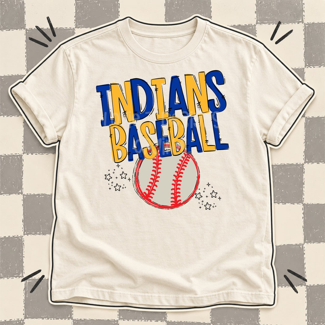 Indians Royal Blue Yellow Gold Team Go Baseball Mascots DTF transfer mockup