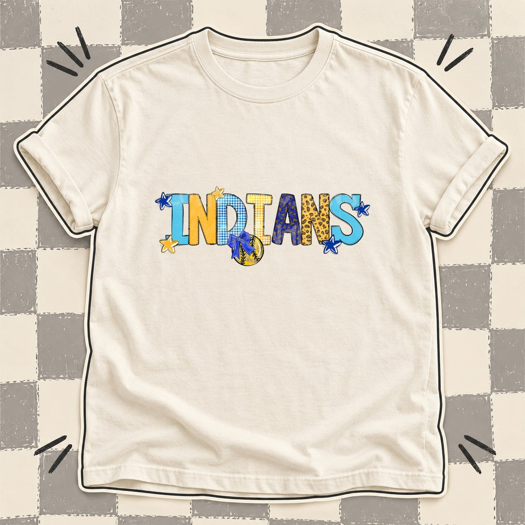 Indians Royal Blue Yellow Gold Mixed Doodle Softball Mascots – Mascot Colors DTF transfer mockup