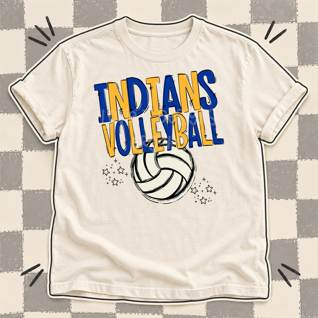 Indians Royal Blue Yellow Gold Team Go Volleyball Mascots DTF transfer mockup