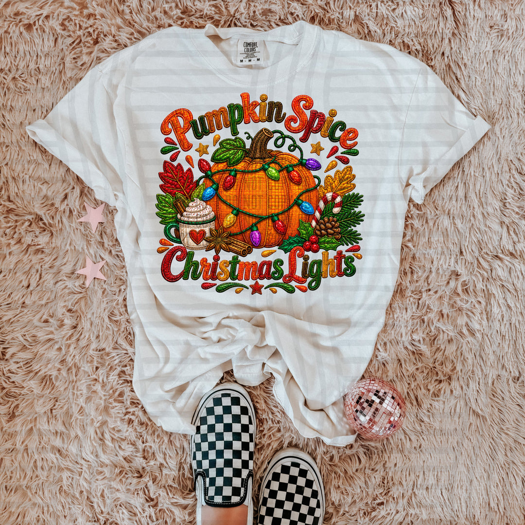 Pumpkin Spice & Christmas Lights DTF transfer pressed on a tee