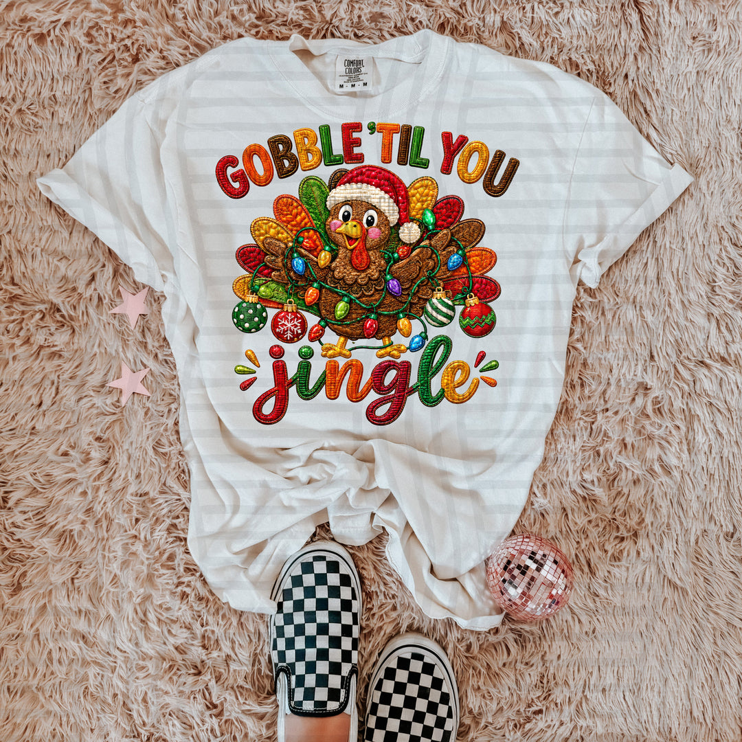 Gobble 'Til You Jingle DTF transfer pressed on a tee