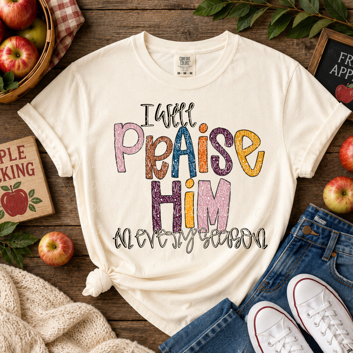I Will Praise Him Thanksgiving DTF transfer shown on apparel