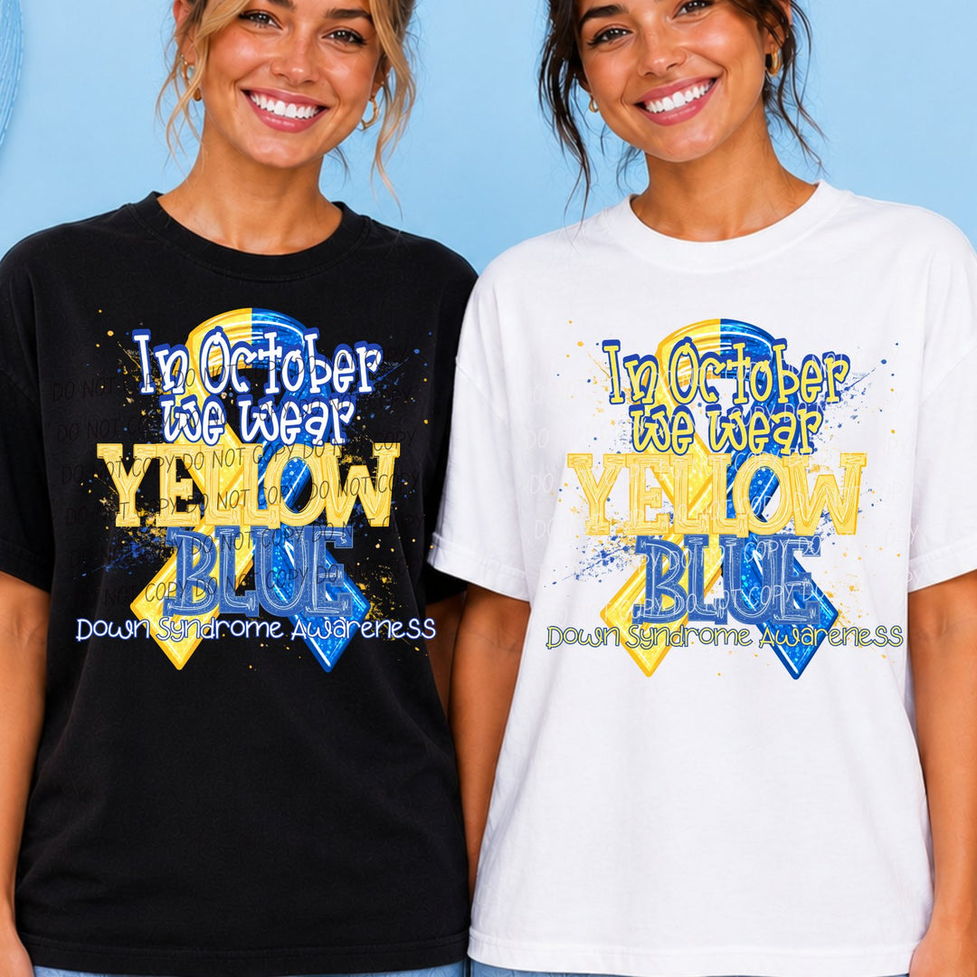 In October We Wear Yellow and Blue Ribbon Down Syndrome Awareness awareness DTF transfer mockup