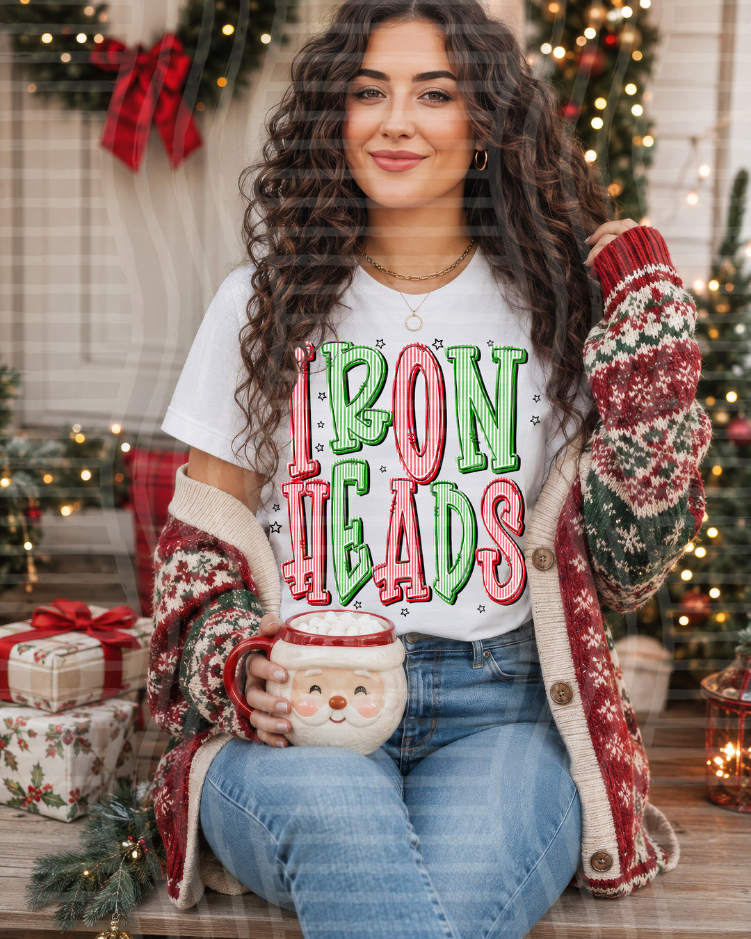 Ironheads Red and Green Christmas Seersucker Mascots DTF transfer