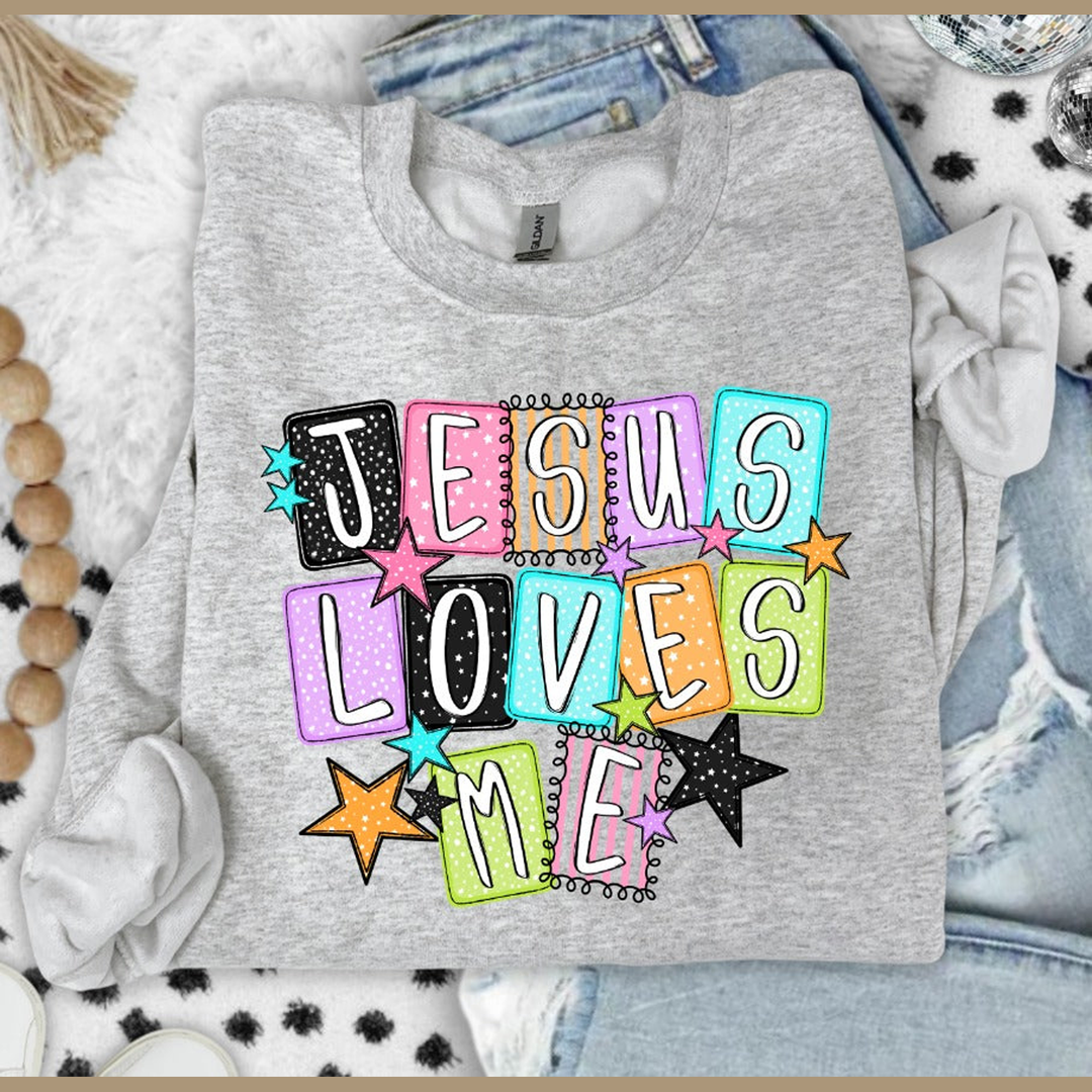 Jesus Loves Me Stacked Blocks with Stars – DTF Transfer – product image