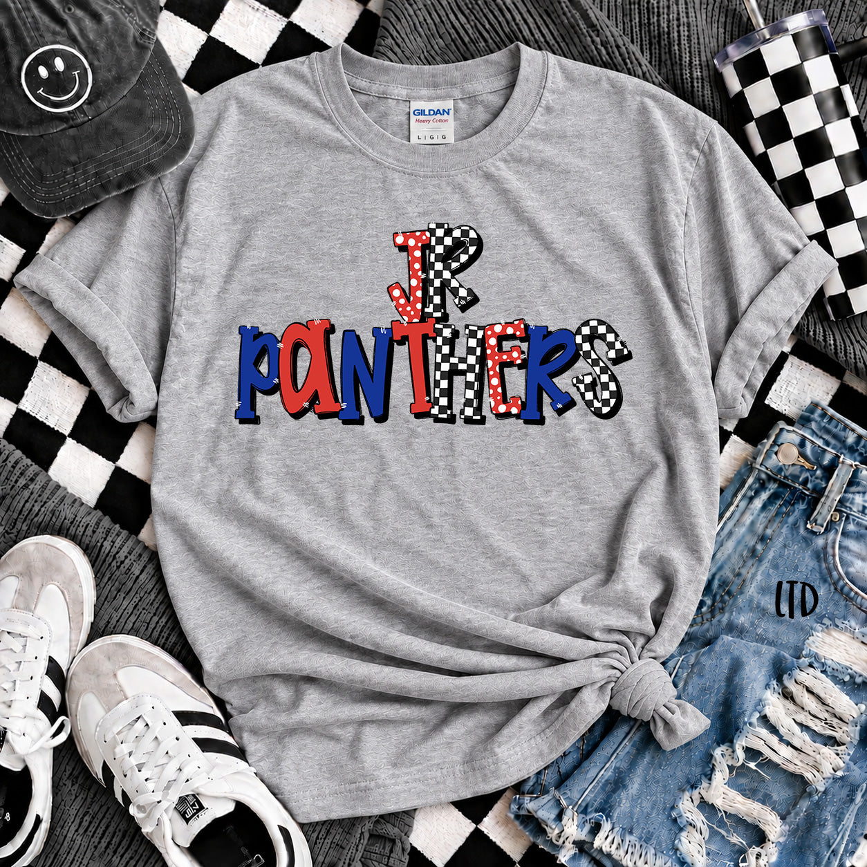 Dot Dot Check Mix Mascots Jr Panthers Red Royal Blue design