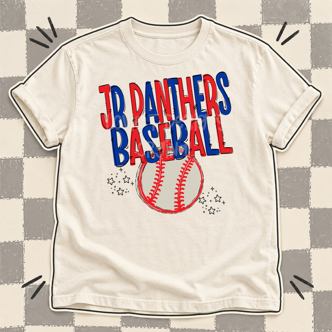 Jr Panthers Red Royal Blue Team Go Baseball Mascots DTF transfer mockup