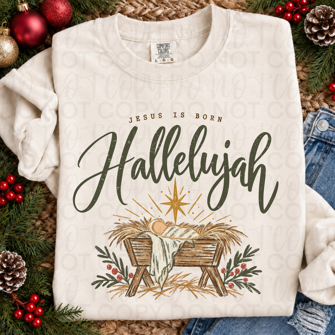 Jesus Is Born Hallelujah Christmas DTF transfer mockup 2