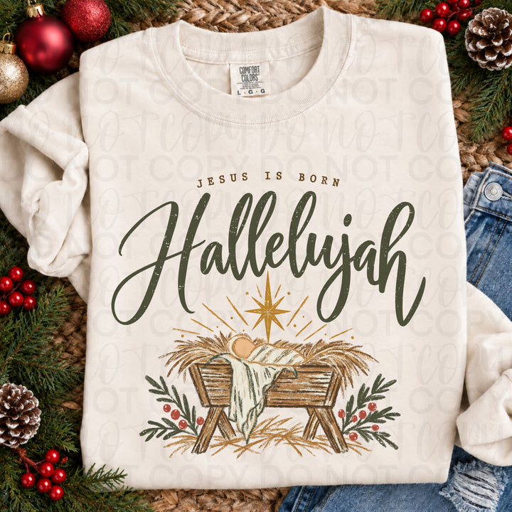 Jesus Is Born Hallelujah Christmas DTF transfer mockup 2