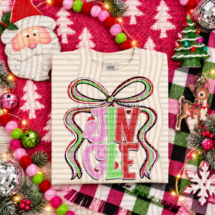 Jingle Christmas Bow DTF transfer pressed on a tee