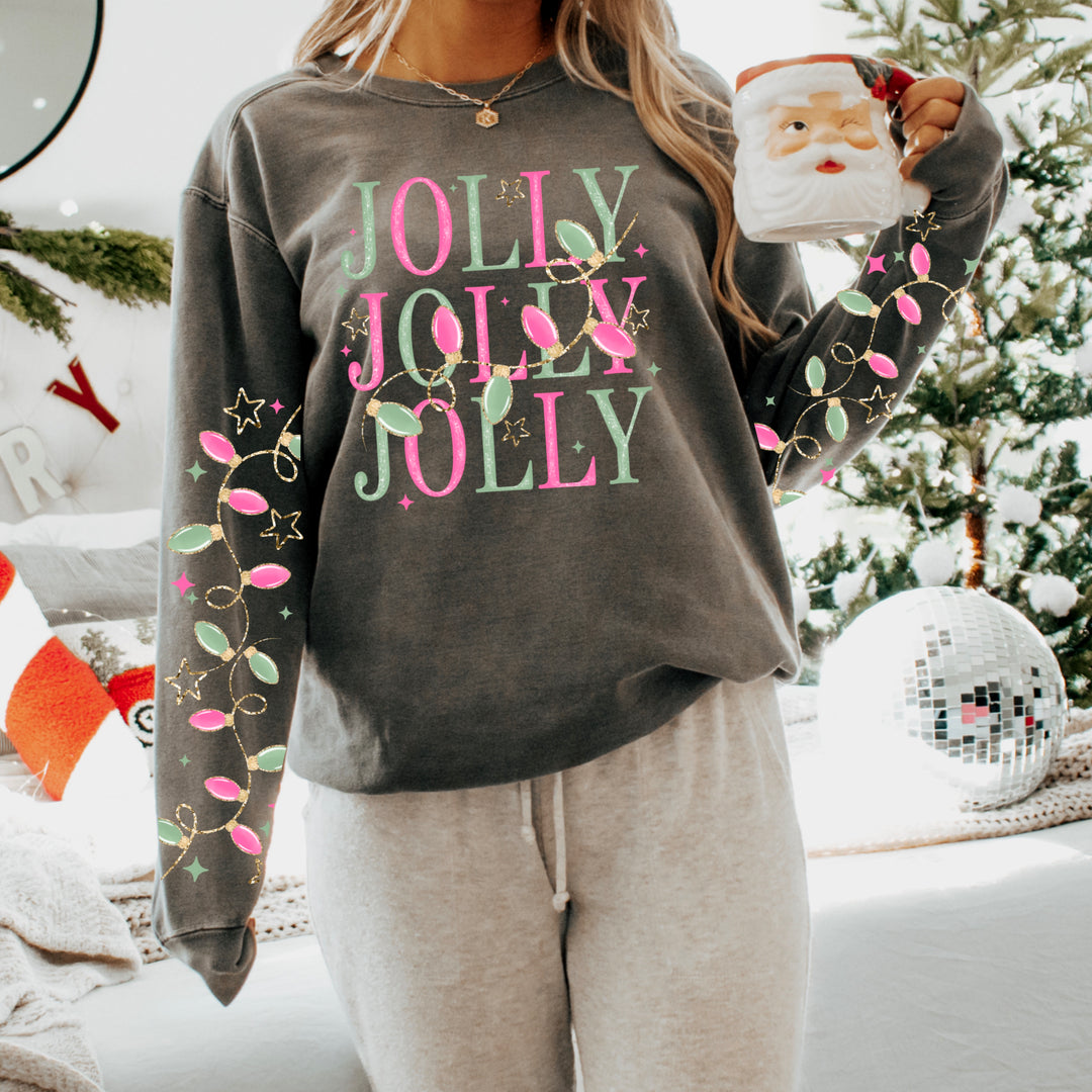 Jolly Jolly Jolly Lights front and sleeve DTF transfers – mockup
