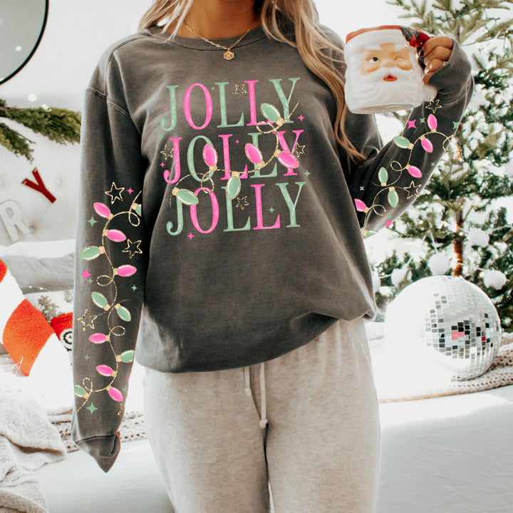 Jolly Jolly Jolly Lights front and sleeve DTF transfers – mockup