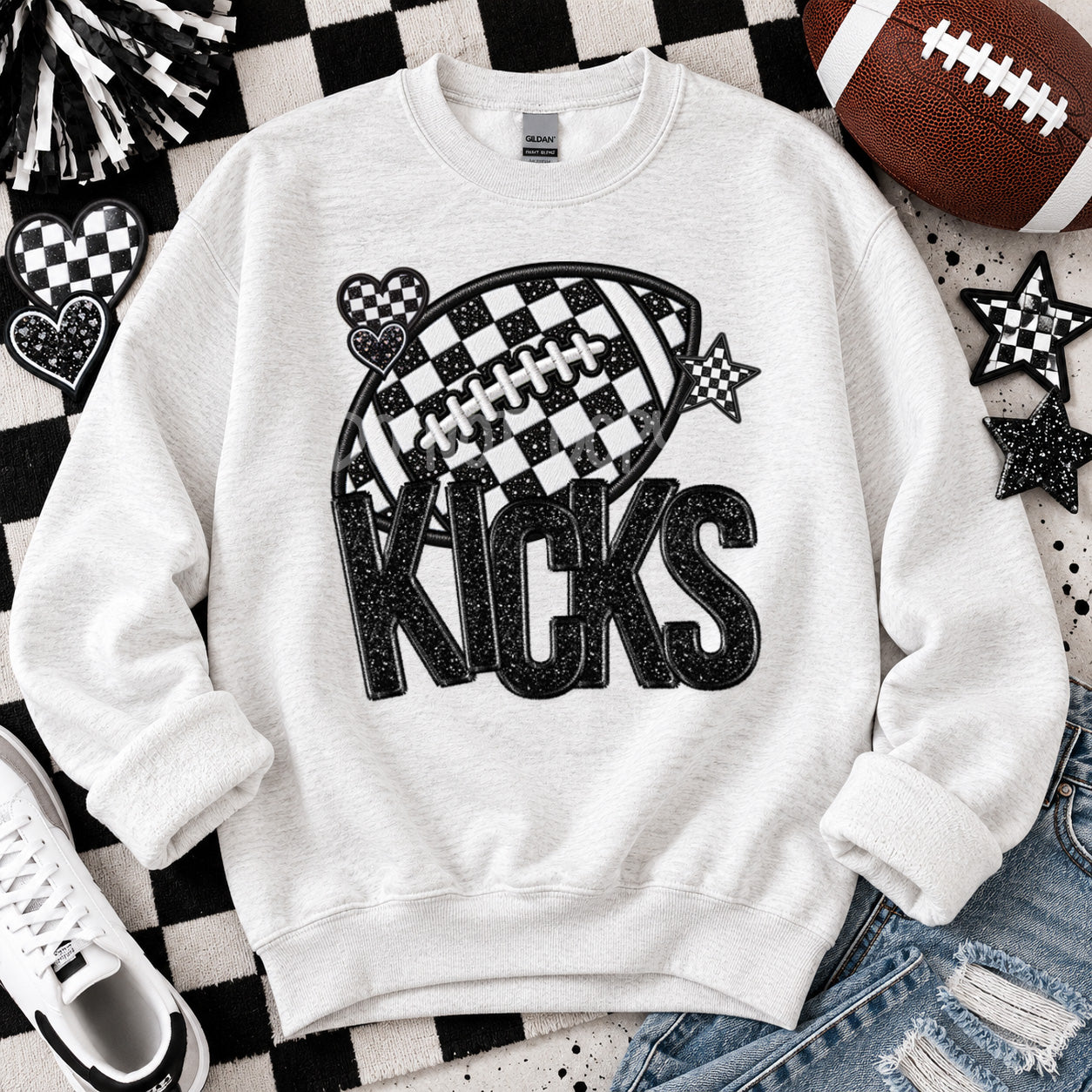 Checkered Football Faux Embroidery Mascots KICKS design