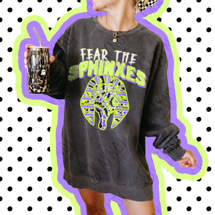 Fear the Sphinxes DTF transfer pressed on a pepper Comfort Colors tee