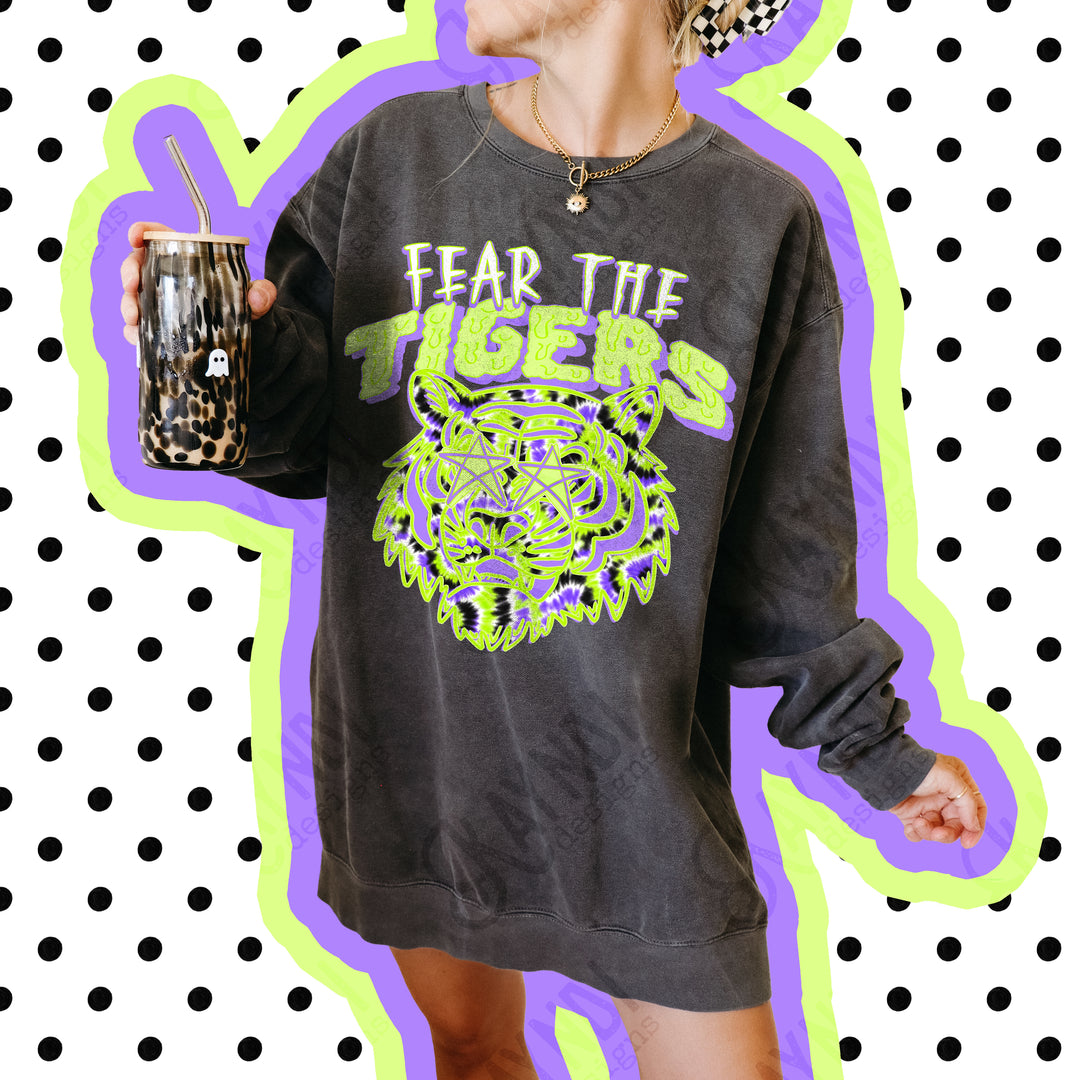 Fear the Tigers DTF transfer pressed on a pepper Comfort Colors tee