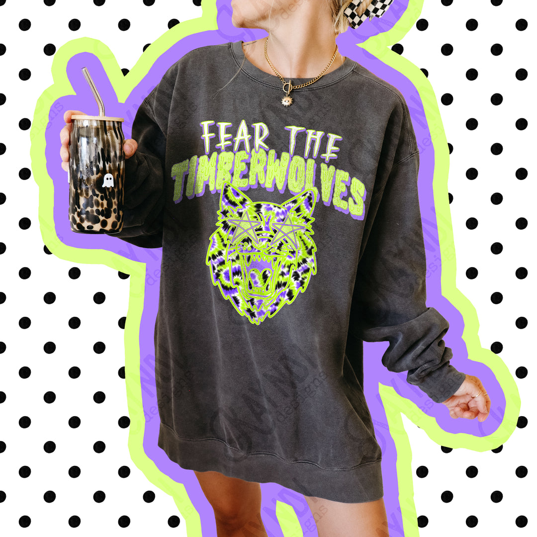 Fear the Timberwolves DTF transfer pressed on a pepper Comfort Colors tee