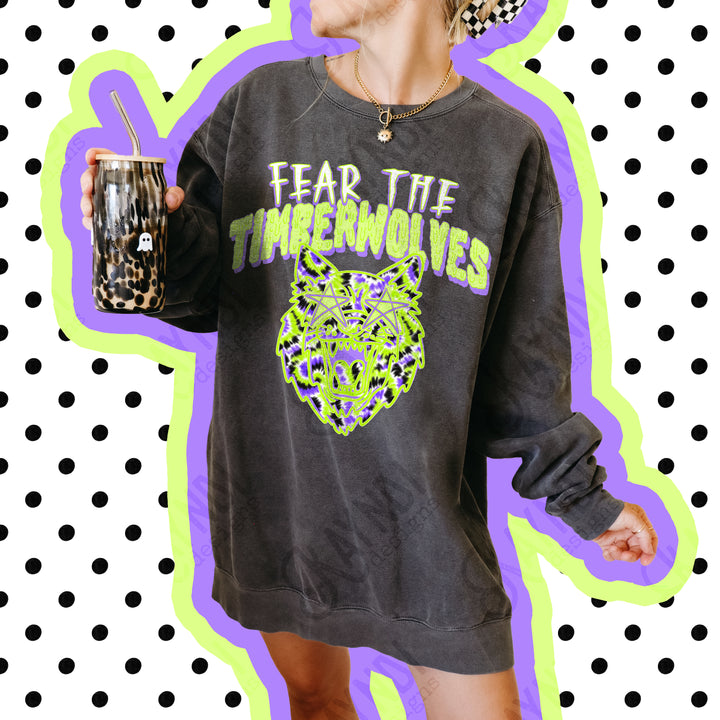 Fear the Timberwolves DTF transfer pressed on a pepper Comfort Colors tee