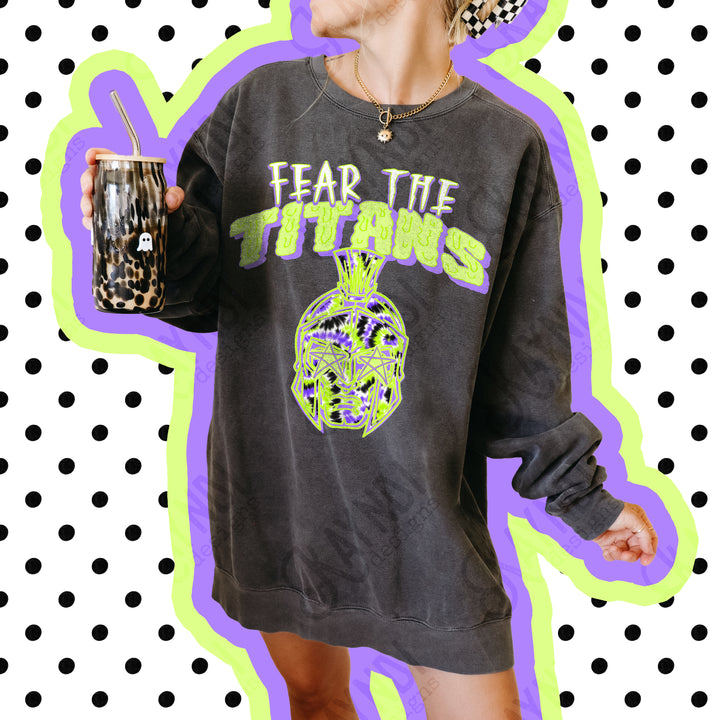 Fear the Titans DTF transfer pressed on a pepper Comfort Colors tee