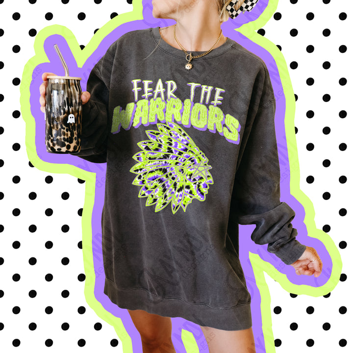 Fear the Warriors DTF transfer pressed on a pepper Comfort Colors tee