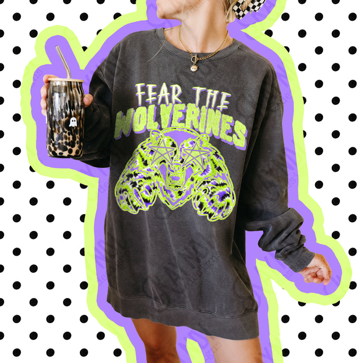 Fear the Wolverines DTF transfer pressed on a pepper Comfort Colors tee