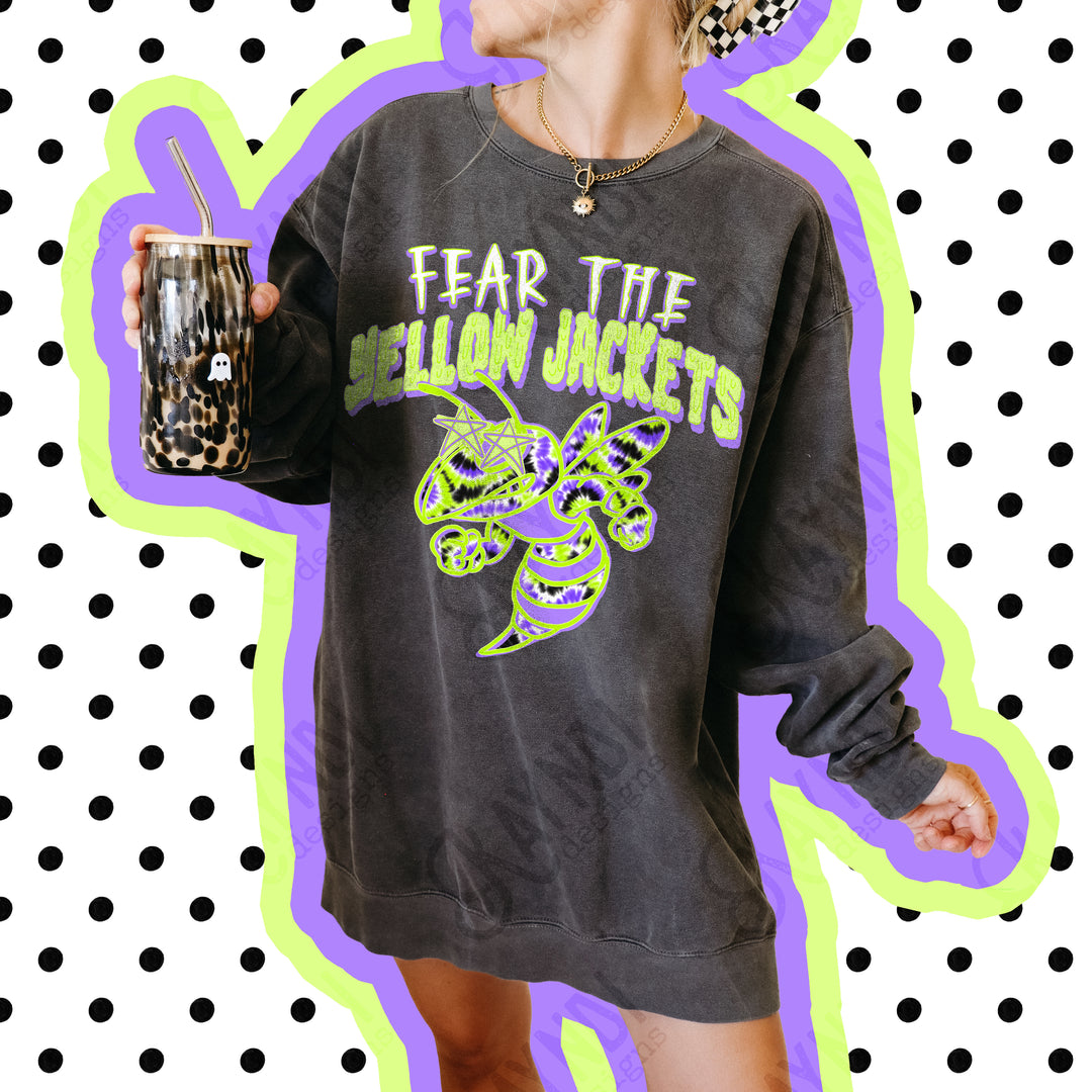 Fear the Yellow Jackets DTF transfer pressed on a pepper Comfort Colors tee