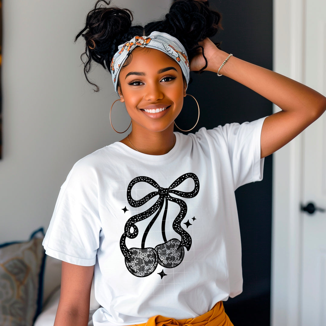 Lace Cherries Single Color Black DTF transfer design – image 1