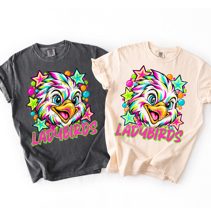 Ladybirds Neon Starstruck mascot DTF transfer