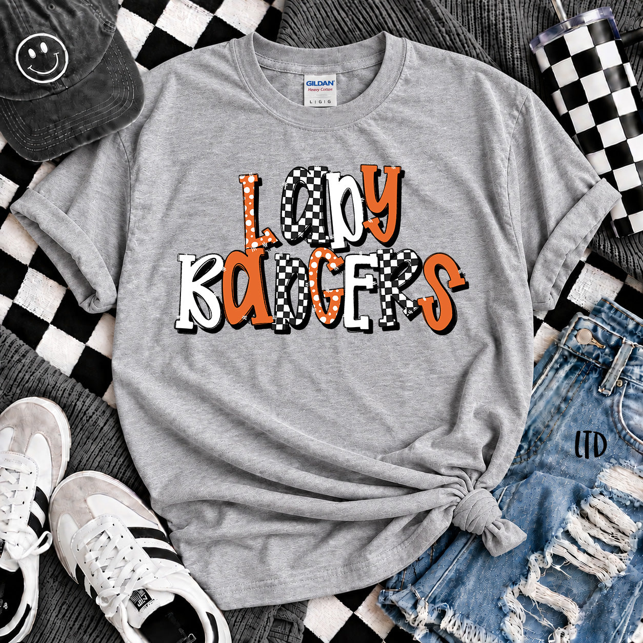 Dot Dot Check Mix Mascots Lady Badgers Orange White Black design