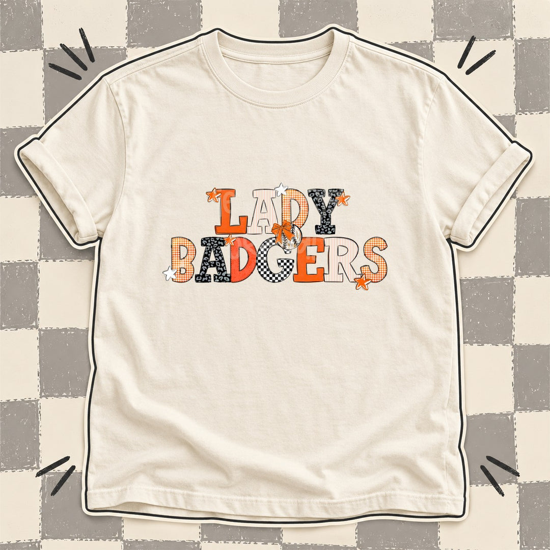 Lady Badgers Orange White Black Mixed Doodle Baseball Mascots – Mascot Colors DTF transfer mockup