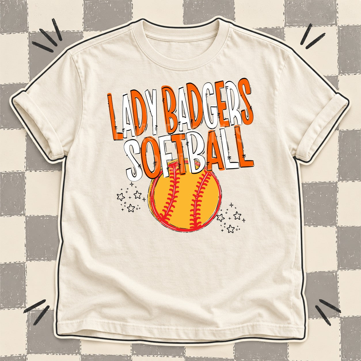 Team Go Softball Mascots Lady Badgers Orange White design