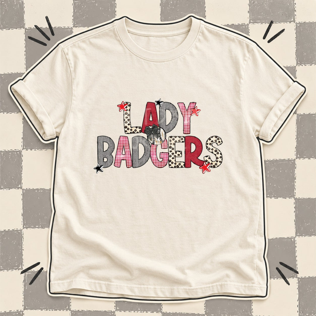 Lady Badgers Mixed Doodle Baseball Mascots – Stitched Ballpark DTF transfer mockup