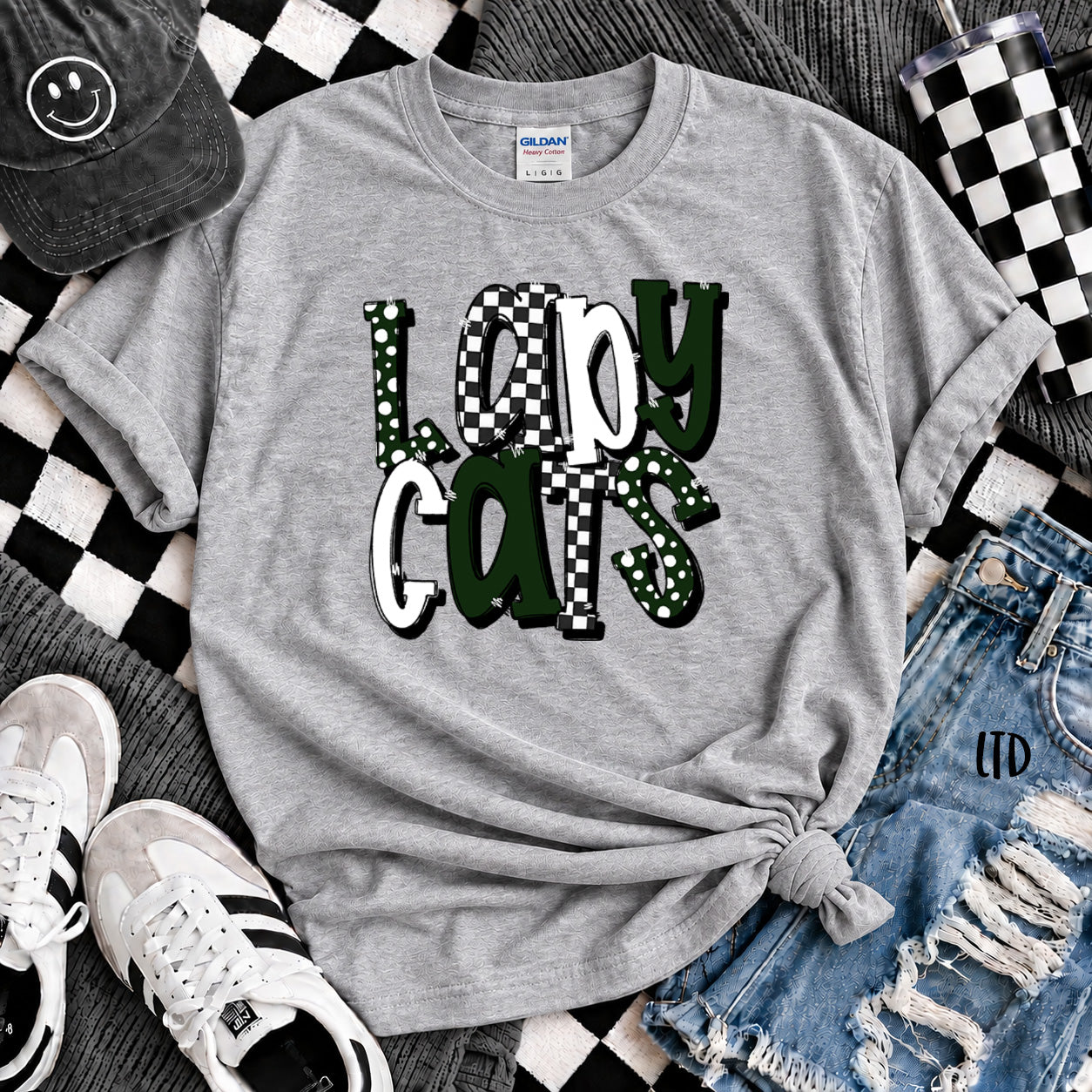 Dot Dot Check Mix Mascots Lady Cats Dark Green White design