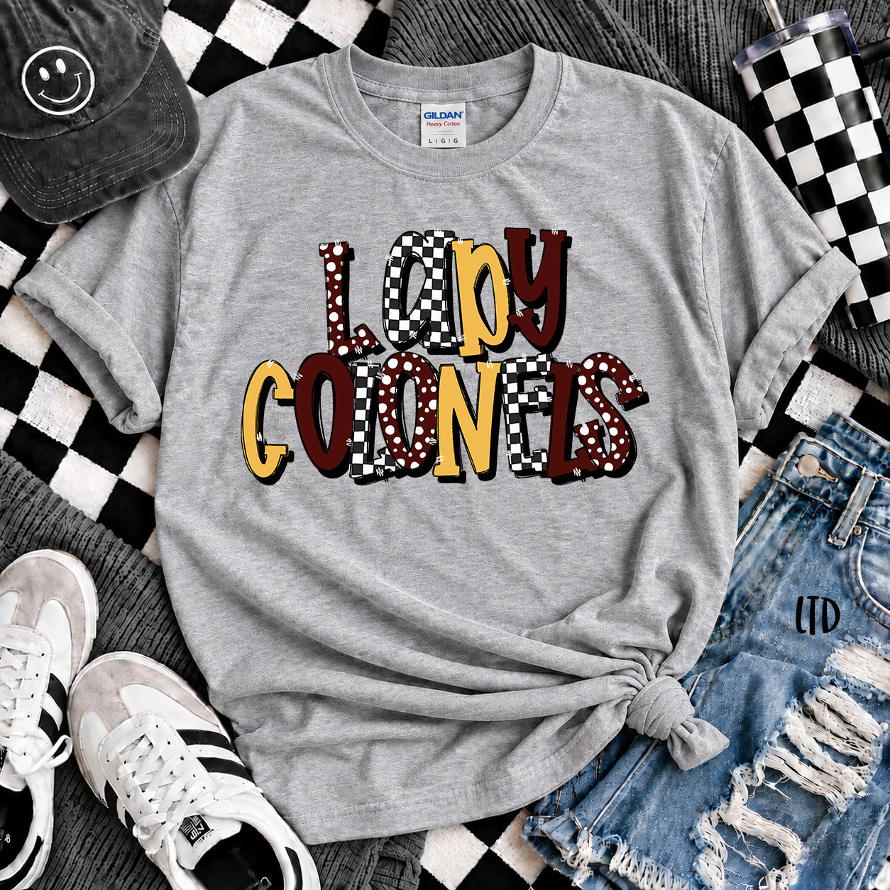 Dot Dot Check Mix Mascots Lady Colonels Maroon Yellow Gold design