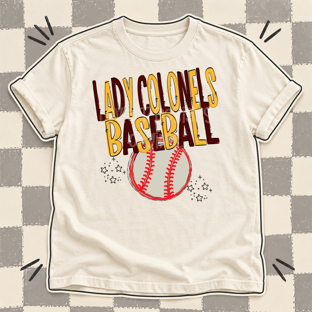 Lady Colonels Maroon Yellow Gold Team Go Baseball Mascots DTF transfer mockup