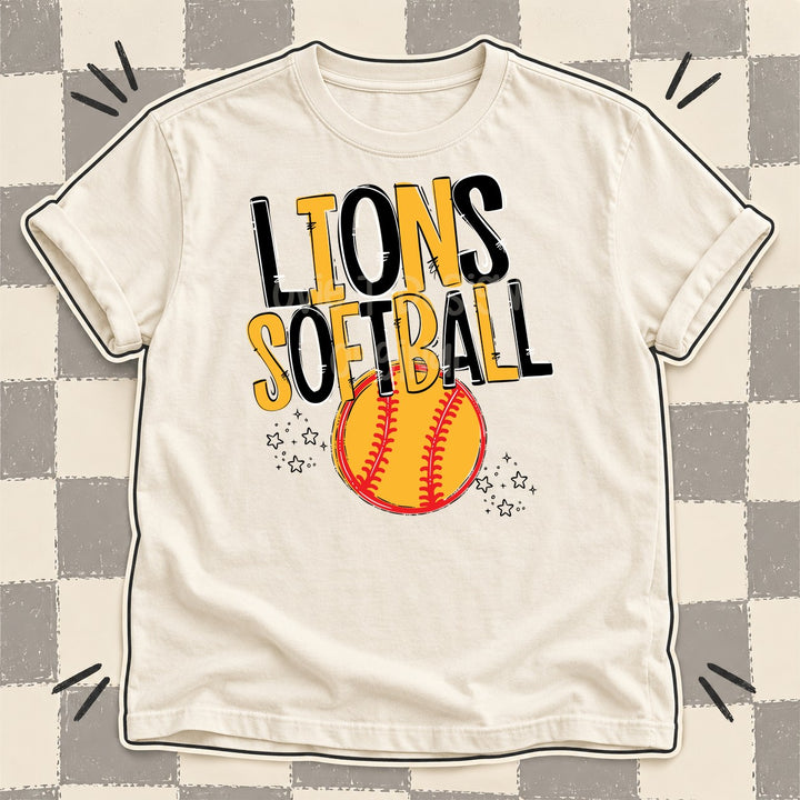 Lions Black Yellow Gold Team Go Softball Mascots DTF transfer mockup