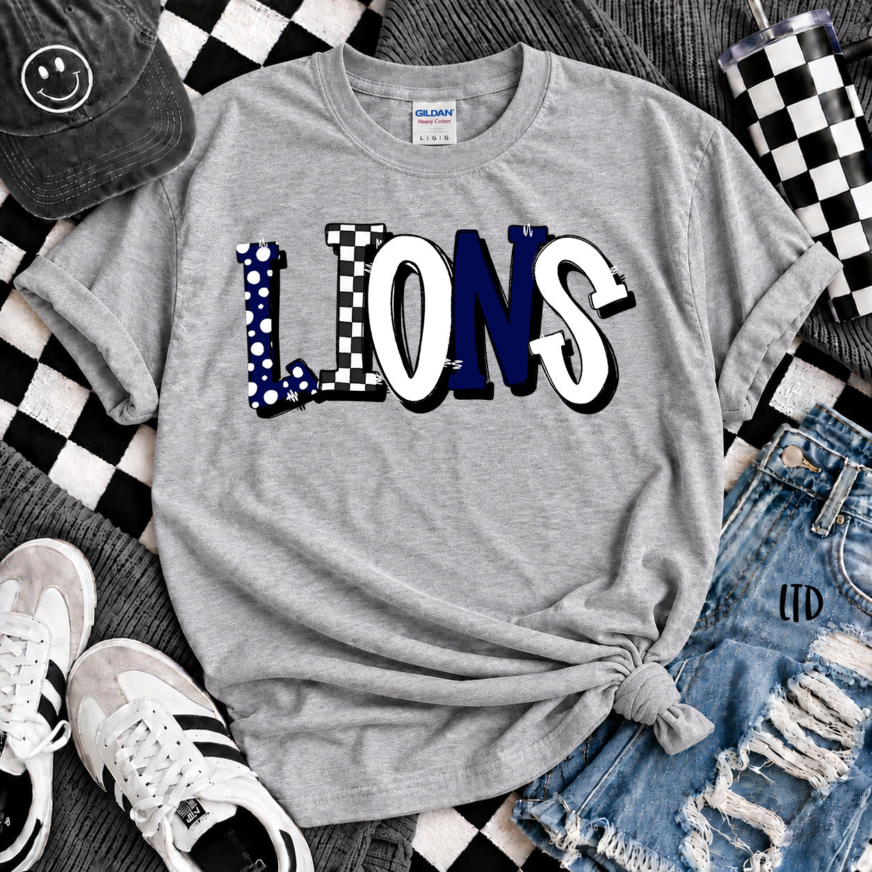 Dot Dot Check Mix Mascots Lions Navy White design