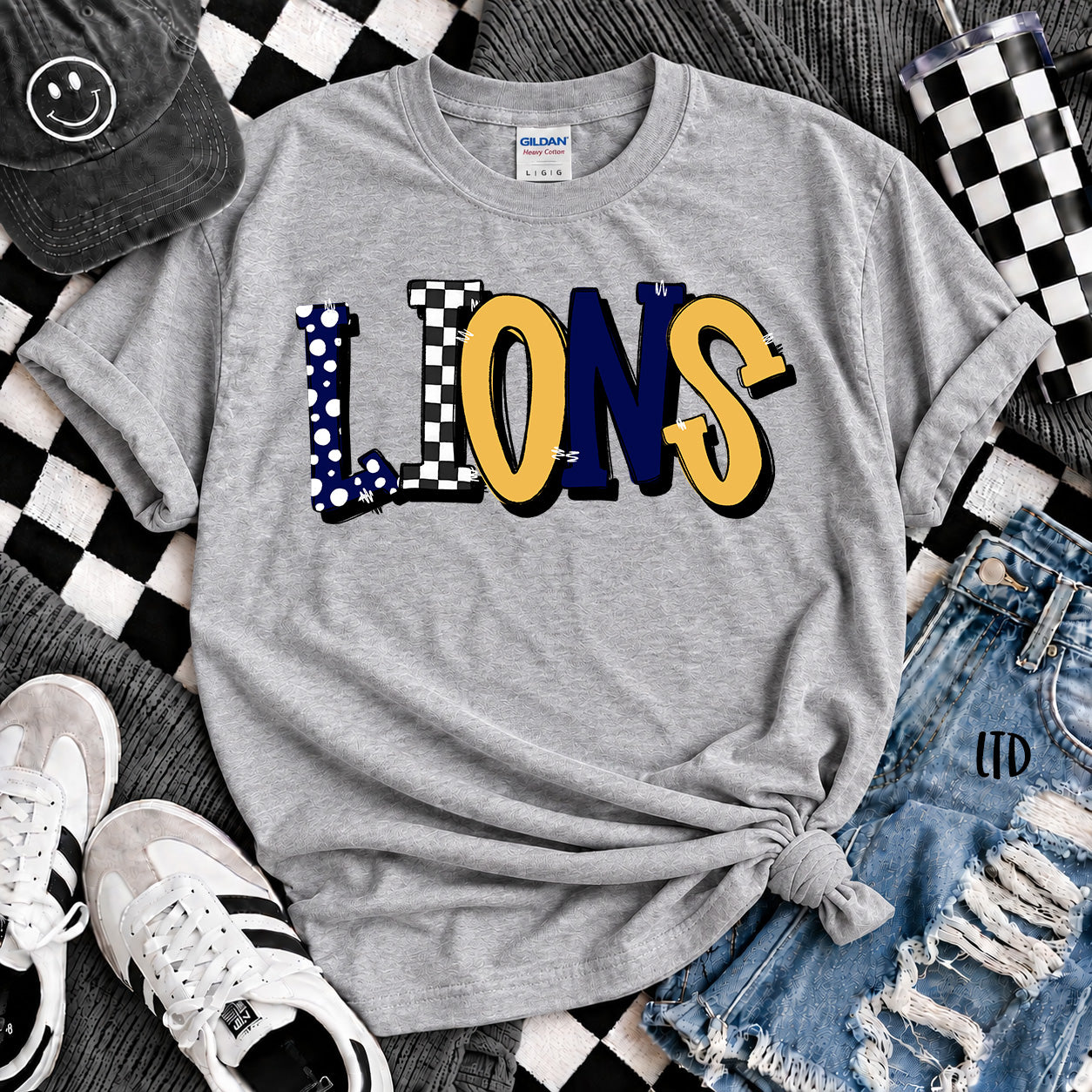 Dot Dot Check Mix Mascots Lions Navy Yellow Gold design