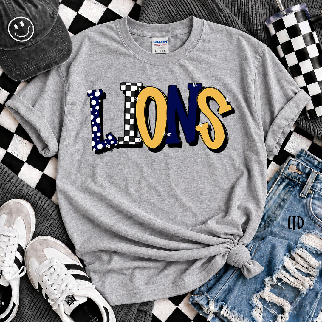 Lions Navy Yellow Gold Dot Dot Check Mix Mascots DTF transfer mockup