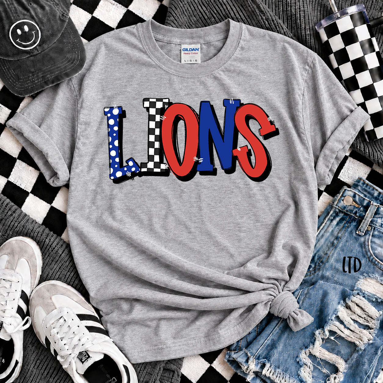 Dot Dot Check Mix Mascots Lions Royal Blue Red design