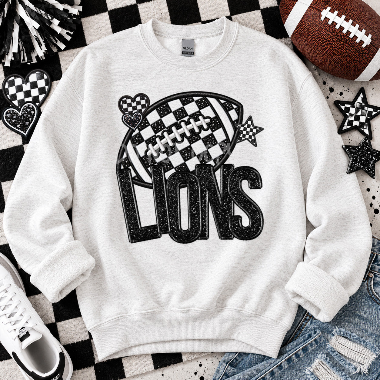 Checkered Football Faux Embroidery Mascots LIONS design