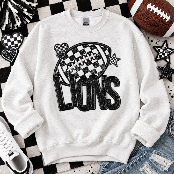 Lions Checkered Football Faux Embroidery mascot DTF transfer